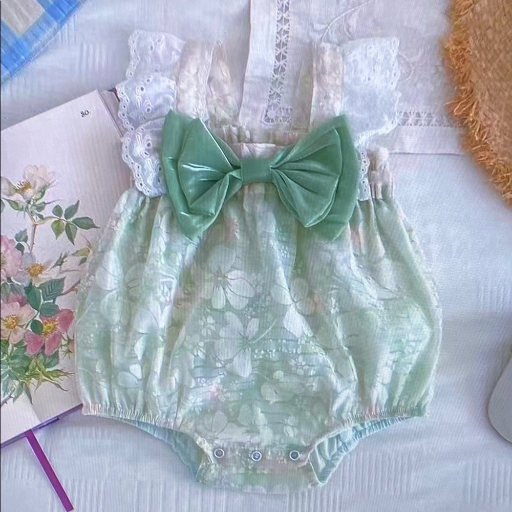 Floral Baby Romper with Green Bow